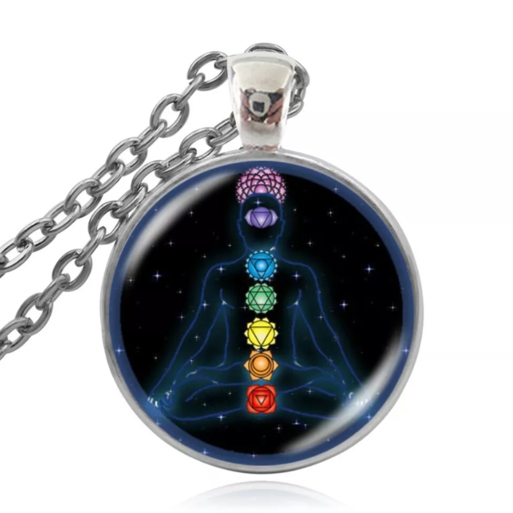 Silver Meditation Chakra Glass Pendant Necklace